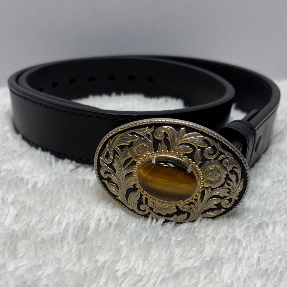 Montana Silversmiths Black Belt with Gold Buckle Tigers Eye Size 34 Width 1.5”